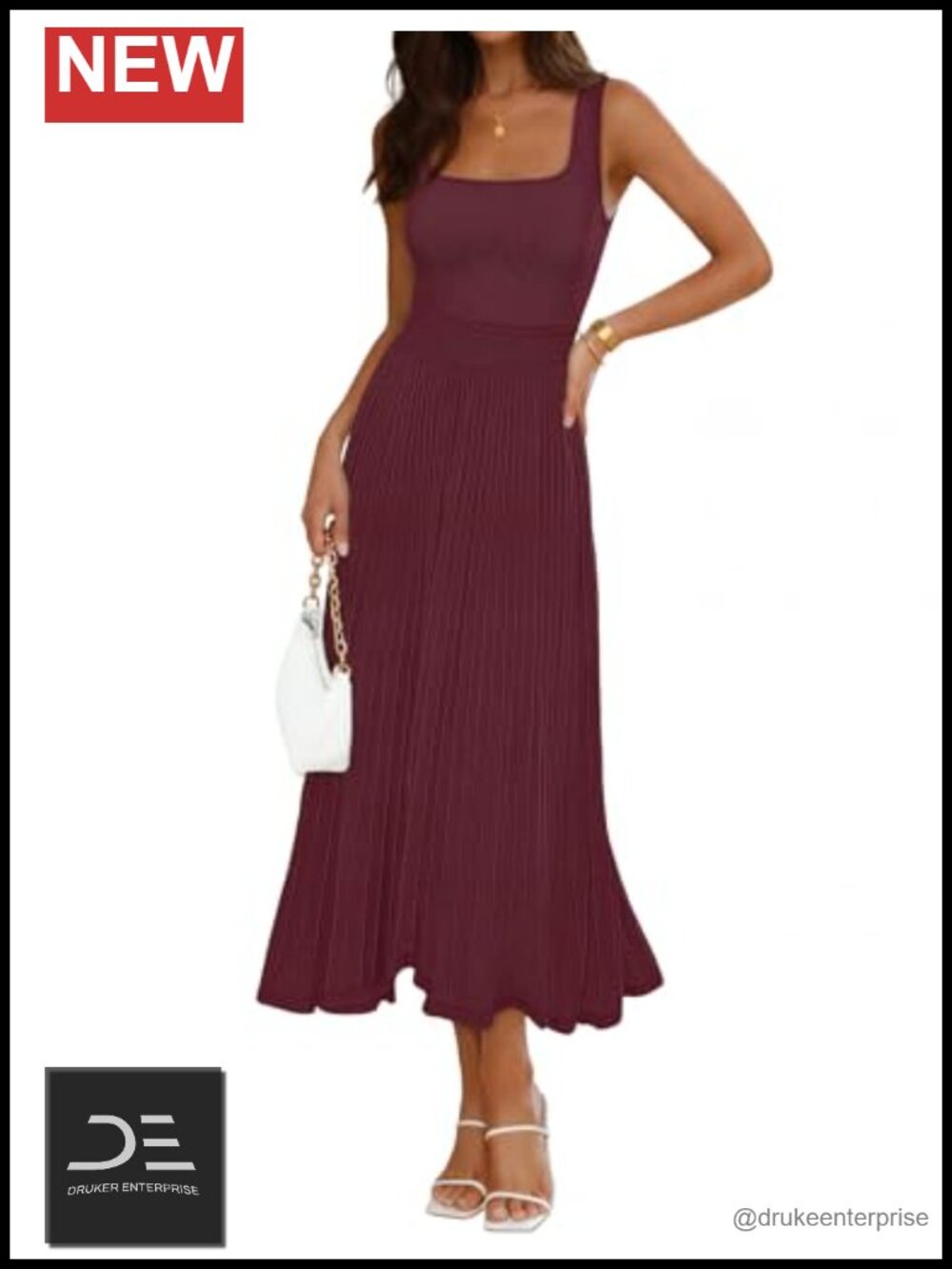 Sleeveless Square Neck Pleated Midi Dress A-Line Summer Cocktail Work